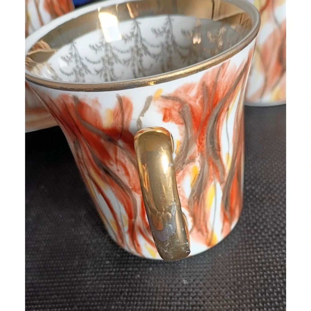 Vintage Włocławek Poland 17 Pc Porcelain Tea Coffee Set Abstract Flame Gold Trim